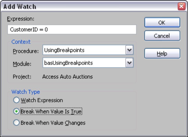 A conditional watch halts execution when the expression is true.